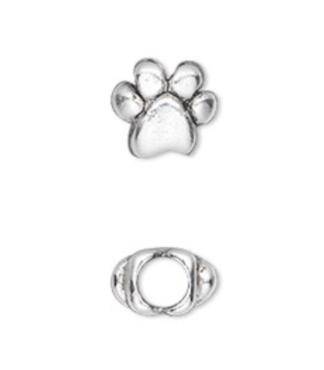 Big Hole Bead-1ct Antique silver-plated pewter. Double-sided paw print. 5mm Hole Size