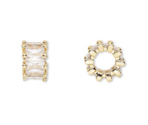 Big Hole Spacer Bead, cubic zirconia and gold-plated brass. Sold per pkg of 2.