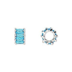 Big Hole Bead, Bracelet Charm Bead-Cubic zirconia and silver-plated brass, aqua, 10.5x6mm rondelle. Sold per pkg of 2.