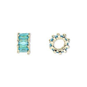 Big Hole Spacer Bead, Charm Bracelet Bead-Cubic zirconia and gold-plated brass, aqua, 10.5x6mm rondelle. Sold per pkg of 2.