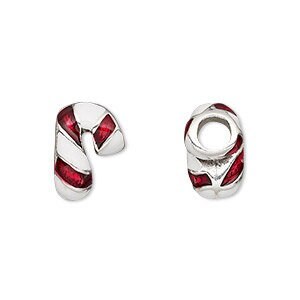 Candy Cane Big Hole Bead-Bracelet Charm Bead-Enamel and silver-plated pewter red and white, 15x10mm double-sided striped candy cane. 1 PC