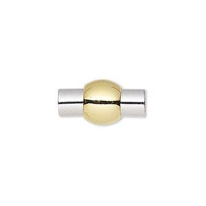 Magnetic Clasp for leather or cord, magnetic, gold- and silver-finished brass, 18.5x10mm barrel with glue-in ends, 4.5mm inside diameter.