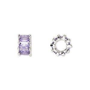 Big Hole Bead, Bracelet Charm Bead-Cubic zirconia and silver-plated brass, amethyst, 10.5x6mm rondelle. Sold per pkg of 2.